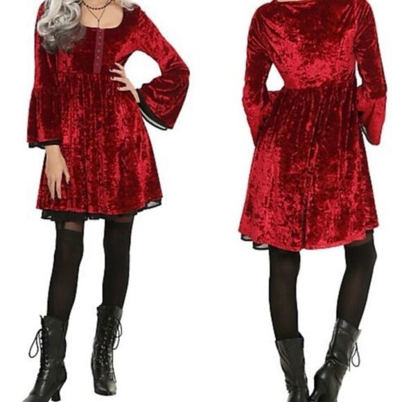 Hot Topic Dresses & Skirts - HOT TOPIC Red Velvet bell sleeve dress gothic goth Whimsigoth Sz S Vampire Vampy